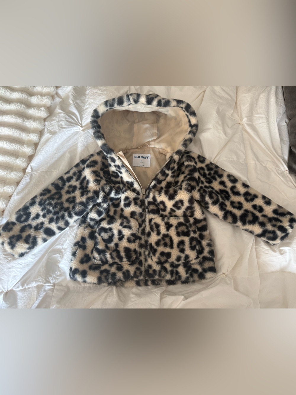 Old Navy Girls Faux Fur Leopard Hooded Coat - Cream & Black